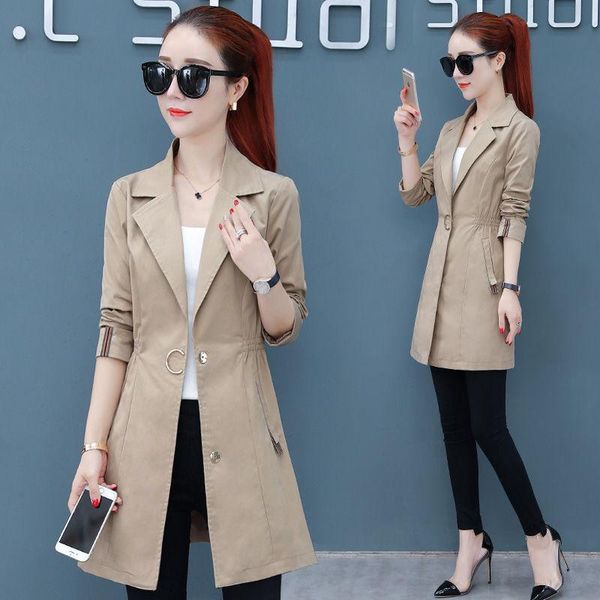 

women's trench coats women autumn office long full sleeve drawstring waist casaco feminine casual streetwear, Tan;black