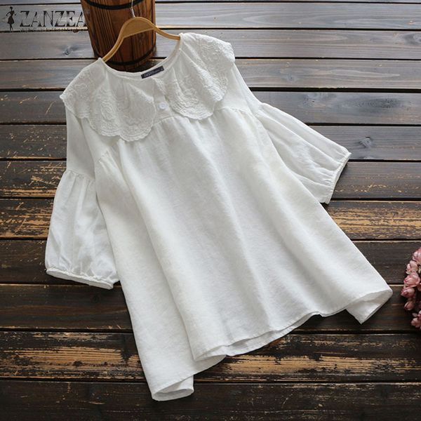 

лето кружево крючок блузка zanzea винтажные партии мундира tops women casual solid 3/4 рукава рубашки хлопок женщина blusas сорочка, White