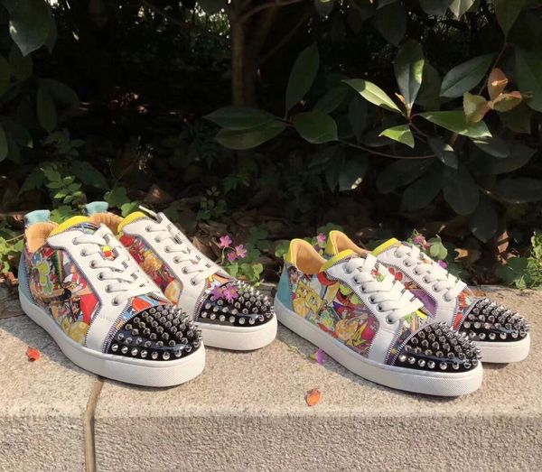 

originals graffiti patent leather junior spikes men red bottom sneakers luxurious-brand super loubi print casual walking ing, Black