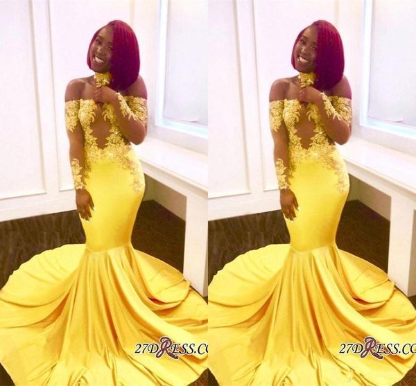 

Yellow African Mermaid Prom Dresses Long Lace Off Shoulder Long Sleeves See Through Sweep Train Formal Evening Party Wear Gowns