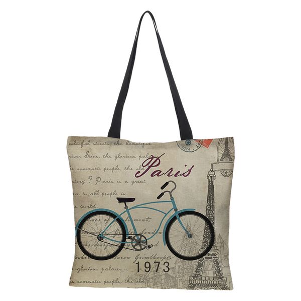 

customized ladies shopping bag shoulder bag double-sided printing bicycle house retro pattern reusable folding linen casual