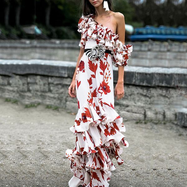 

2019 летнее платье одно плечо печати пояса платье, White;black