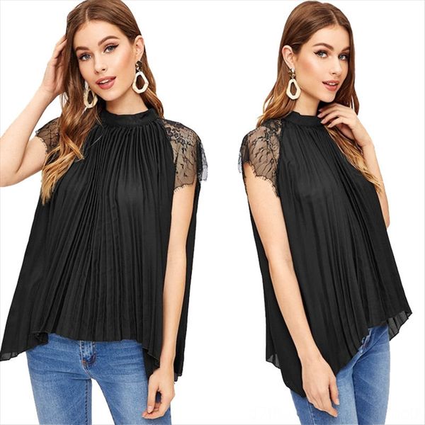 

2019 summer lace lace stitching pleated loose chiffon shirt loose women's shirt, White