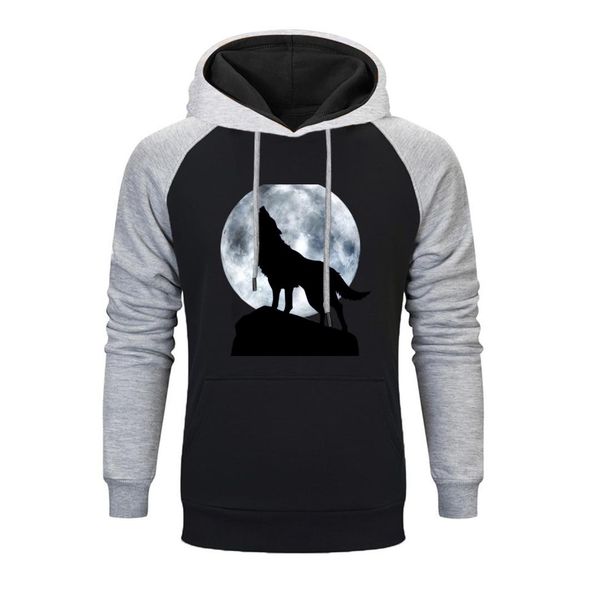 

men's new design cool moon wolf hoodies men fashion print raglan hoodie sweatshirt men autumn winter hip hop harajuku streetwear, Black