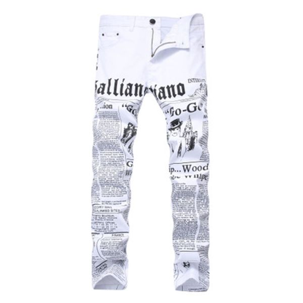 

new men's white printed jeans monogram printed stretch slim men's casual trousers abroad style, Blue
