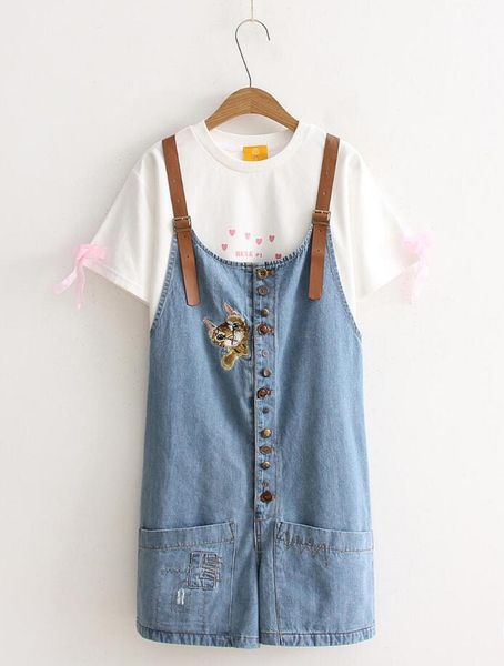 

embroidered cat multi-button loose hole loose denim shorts, White;black