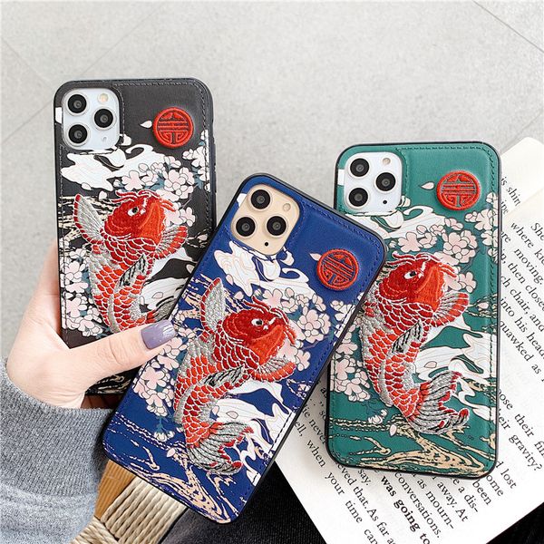

pu leather emboss embroidery cyprinus carpio red fish good fortune lucky mobile phone case for iphone 11 pro max 7 8 plus x xr