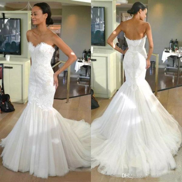 Venda quente Mais Recente Moda Querida Sereia Vestidos de Casamento Apliques de Zíper Voltar Tule Vestido de Noiva Nupcial Vestidos de Casamento Vestido De Novia