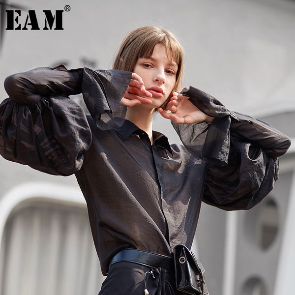 

eam] women black pleated perspective blouse new lapel long lantern sleeve loose fit shirt fashion tide spring autumn 2020 1b152, White