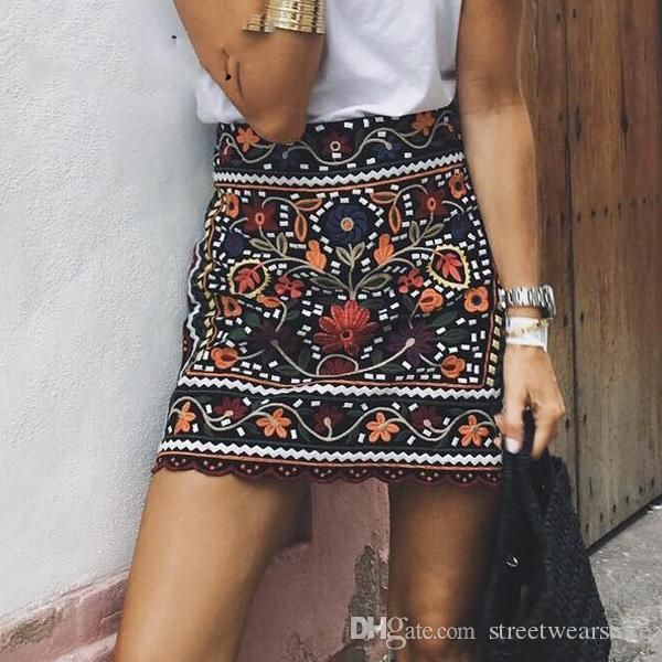

bohemian embroidery black floral short skirt ethnic autumn winter high waist slim women skirt vintage 90's mini skirts