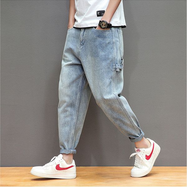 

four seasons men solid multi-pocket harem jeans straight loose joggers jeans hip hop light blue ankle-length denim trouers