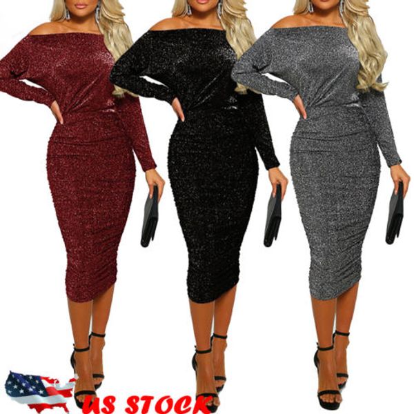 

2019 fashion elegant sequins dress women long sleeve glitter bodycon off shoulder dress evening party formal, Black;gray