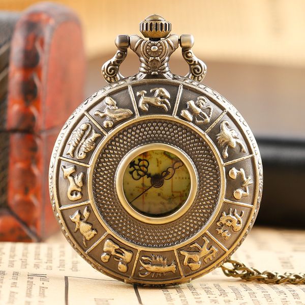 Kupfer Retro Zwölf Konstellationen Uhren Grüne Australien Karte Hohlgehäuse Quarz Taschenuhr Halskette Kette für Männer Frauen Geschenke