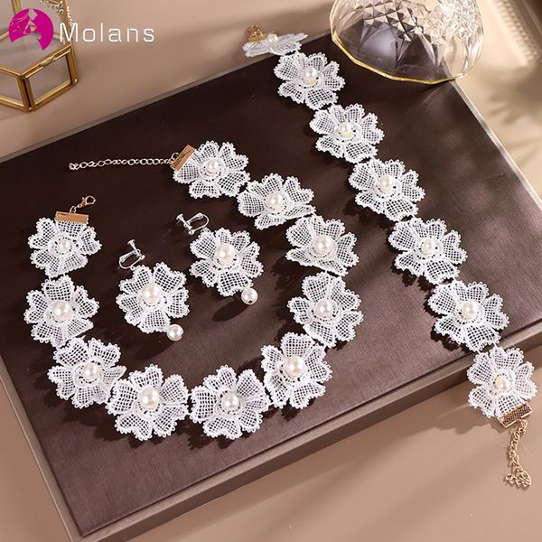 

molans white pearl lace jewelry sets headband necklace earrings set women bride tiaras choker wedding bridal hair accessories