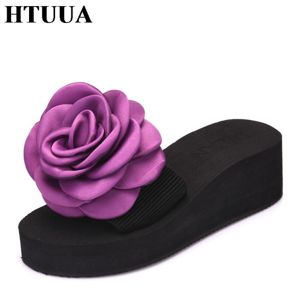 

htuua 2018 summer slippers women camellia flower flip flops beach shoes platform high heels sandals boho wedges slides sx1139, Black