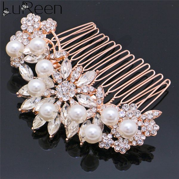 

lureen wedding bride haircombs ornaments handmade pearl rhinestone headpiece for bridesmaid jewelry accessories, Golden;white