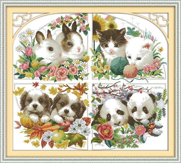 Quatro estações animais gato cão panda pinturas de coelho, artesanal cruzar ferramentas artesanato bordado bordado conjuntos de bordados contados Impressão sobre Canvas DMC 14CT / 11CT