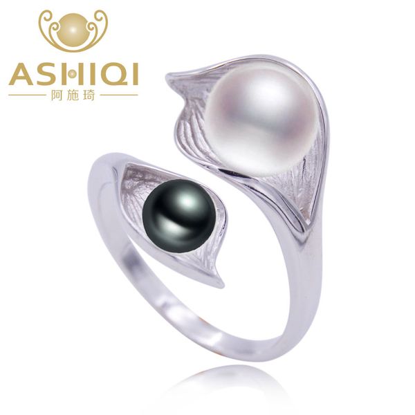 

ashiqi s925 sterling silver ring 7-8mm natural freshwater pearl jewelry for women love heart, Golden;silver