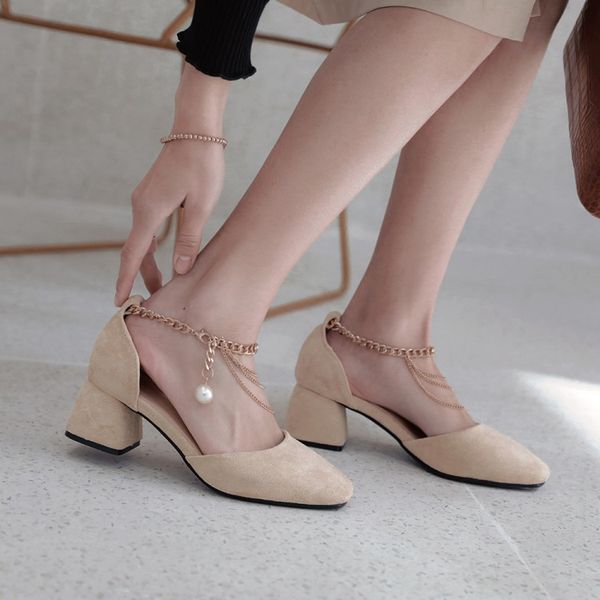 

oversized ladies high heels women shoes woman pumps square-headed shallow chain buckle sandals, Black