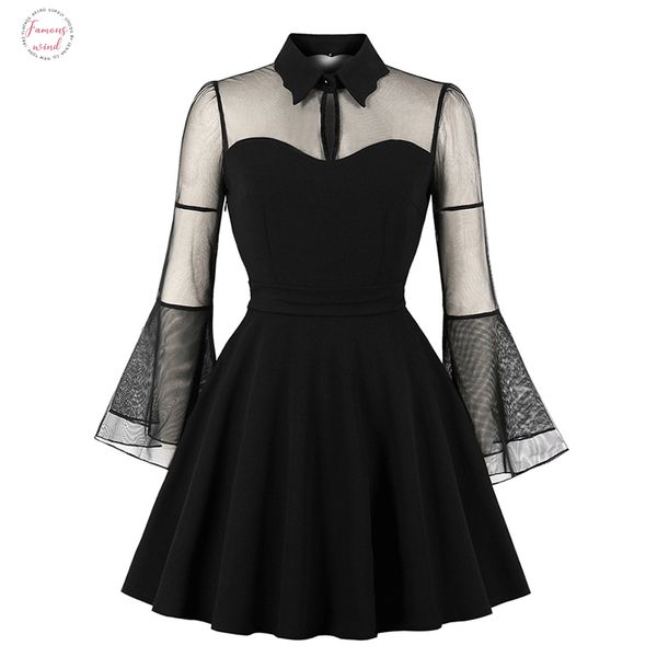 

women gothic mini dress black mesh patchwork see through flare sleeve draped elegant plus size lapel neck party short dresses, Black;gray