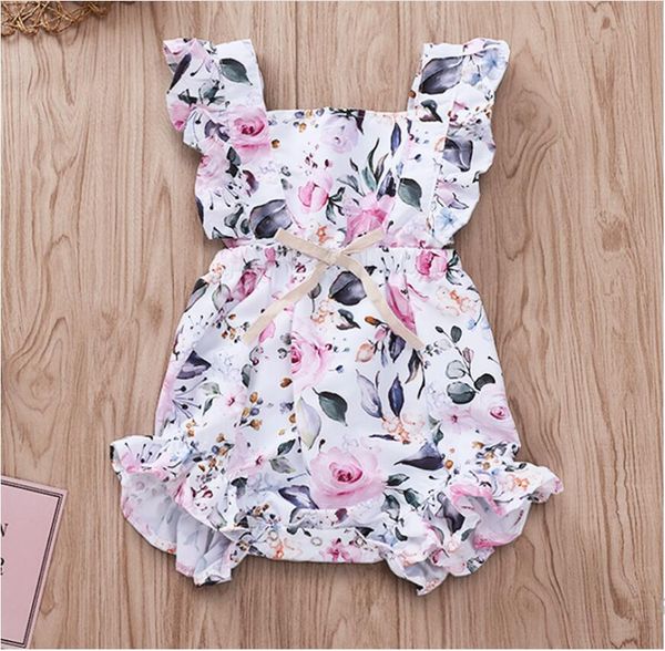 

girl flying sleeve lotus edge rose print romper baby summer jumpsuit kids clothes one piece zht 250, Blue