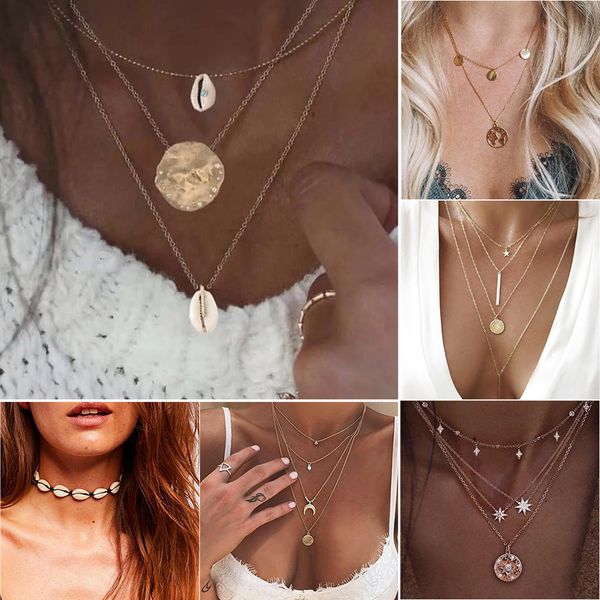 

20 styles boho necklace for women gold chains shell map moon pendant bohemian layered choker 2019 collares mujer vintage jewelry, Golden;silver
