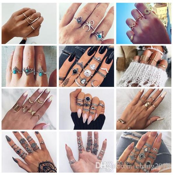 

20 стилей ретро цветок бесконечные knuckle кольца для женщин vintage геометрический pattern кристалл кольца set партии богемии ювелирных изд, Silver