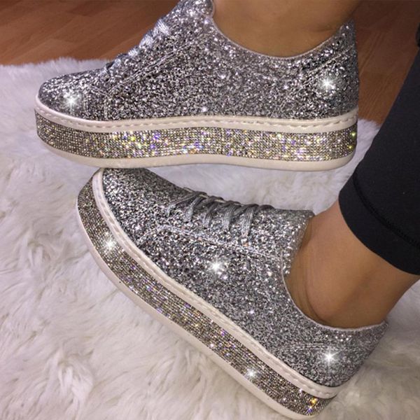 

women glitter sneakers bling flats woman spring new casual ladies vulcanized shoes female beathable lace up fashion casual shoes, Black