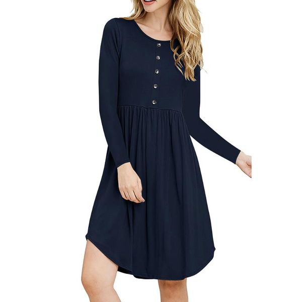 

elastic waist large hem solid autumn winter swing crew neck pleated casual button long sleeve loose fit women dress a line, Black;gray