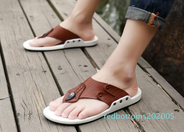 

summer sandals cow leather breathable flip flops men fashion style male beach non-slide male handmade slippers new arrival r05, Black