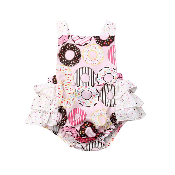 

2020 cute newborn baby girls summer romper outfits ruffles donut print sleeveless jumpsuit infant baby girls clothes 0-24m, White