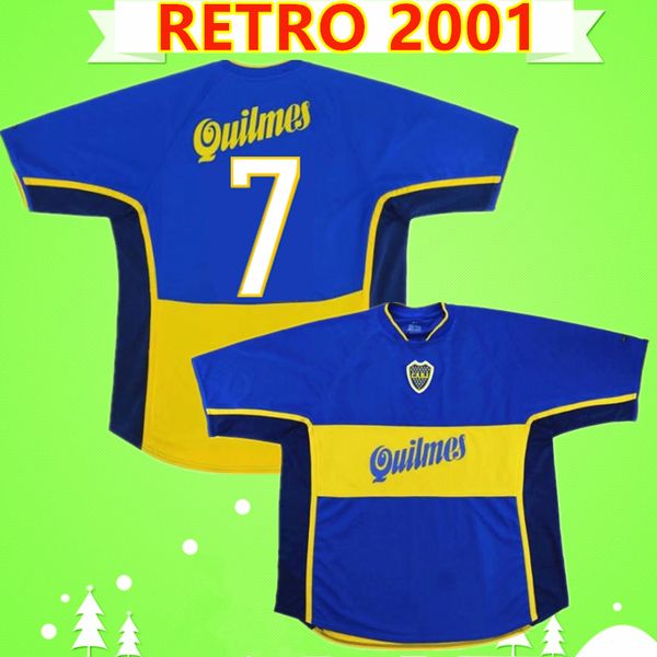 

#7 guillermo #10 roman camiseta de futbol 2001 2002 boca juniors retro soccer jersey 01 02 football shirt home blue yellow classic antique, Black;yellow