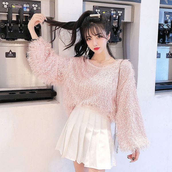 

feather tassel women streetwear ladies knitted pink sweaters bf oversize pullovers o-neck spring autumn winter clothes, White;black