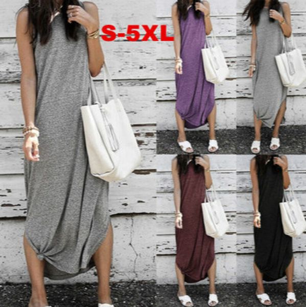 

womens fashion spring summer new sleeveless dress ladys solid color casual long skirt women plus size dresses 2020 new fashion style skirt, Black;gray