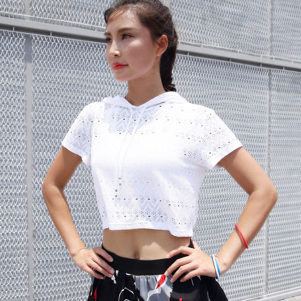 

женская дышащая сетка для бега спортивная толстовка фитнес с капюшоном укороченный топ с коротким рукавом тренажерный зал йога спортивные ук, White;red