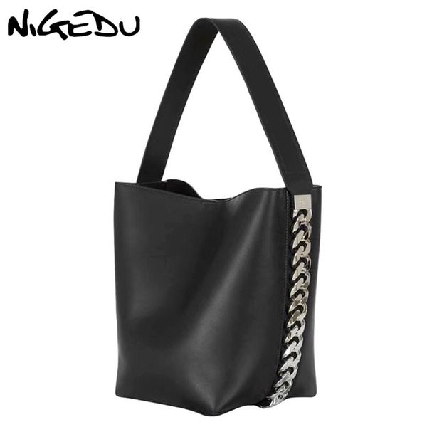

nigedu large women handbag shoulder bag for female big chain bucket bag pu leather versatile lady totes black