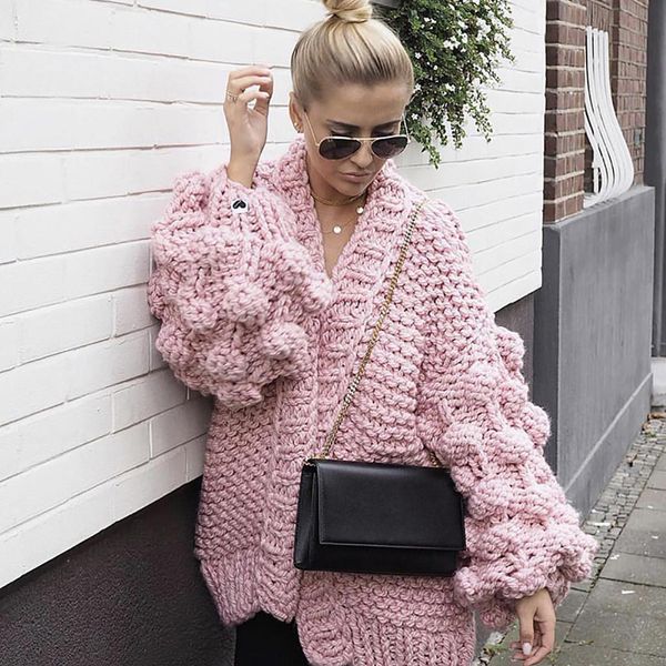 

2019 sweater women ladies stereoscopic ball lantern sleeve short knit sweater cardigan jumper pull femme sueter mujer invierno, White