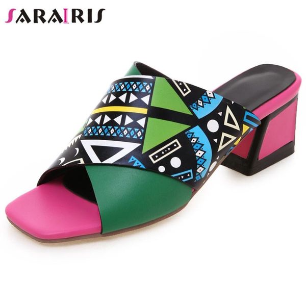 

sarairis ins female casaul beach summer slippers 2020 square heels snake print slippers women mixed colors shoes woman, Black