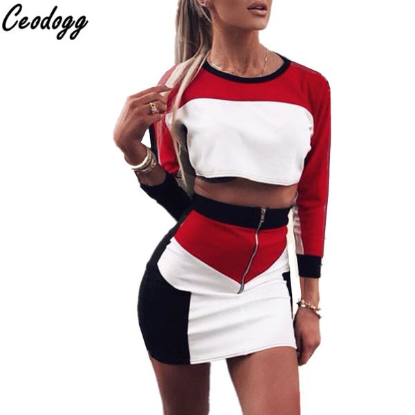

oneck long sleeve 2 piece set women crop grid & pencil skirt co-ord ladies elegant ol style twopiece, Gray