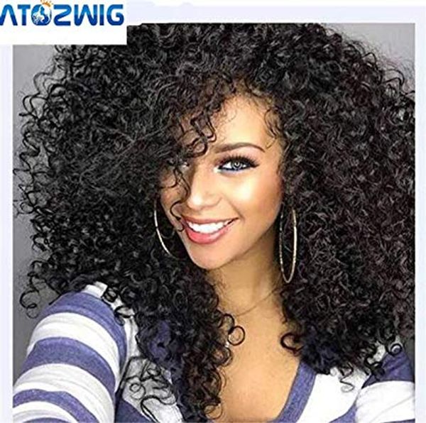 

200% density deep kinky curly 360 lace frontal wig with fringe glueless brazilian human hair lace front wig pre plucked, Black;brown