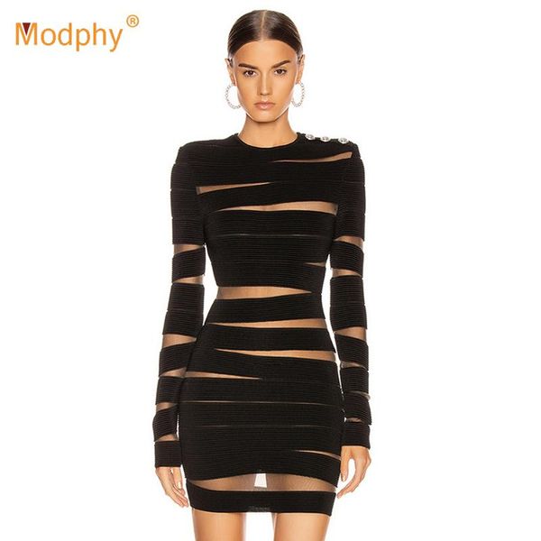 

modphy black mesh gauze bandage dress women long sleeve bodycon mini dress fashion club celebrity evening party vestidos, Black;gray