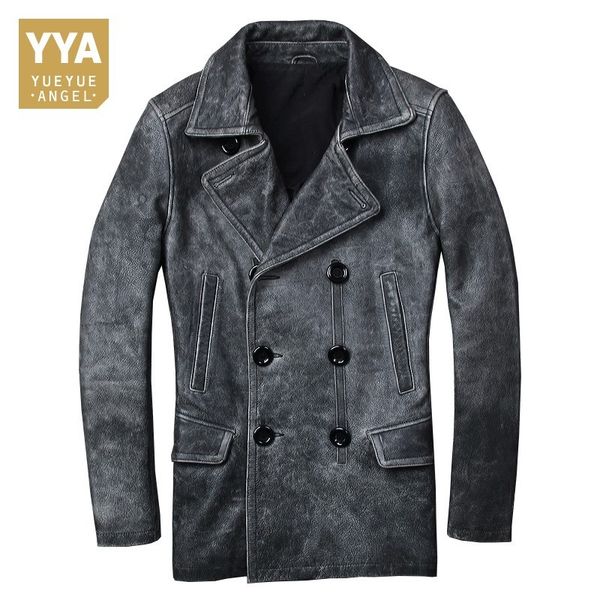 

2020 new style vintage motorcycle jacket man autumn long cow leather jacket men casual double breasted coat male jaket kulit 3xl, Black