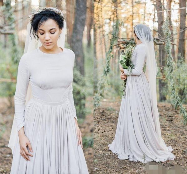 

2020 country wedding dresses long sleves jewel neck chiffon sweep train custom made plus size wedding bridal gown robe de mariée, White