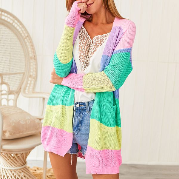

2019 autumn winter knitting coat women knitted cardigan striped print rainbow sweater color block open front long sleeve kimono, White