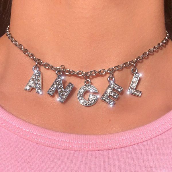 

angel big letter bling bling 90s эстетическая tumblr цепи ожерелье женщины choker unif bitch папа ночной клуб охладить аксессуар unisex, Silver