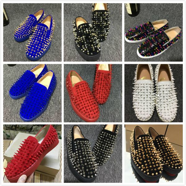 

original box] men shoes red bottom sneaker luxury party wedding shoes genuine leather louisfalt spikes lace-up casual shoes, Black