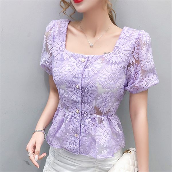 

short design white lace blouse women cardigan shirt square collar puff sleeve perspective embroidery