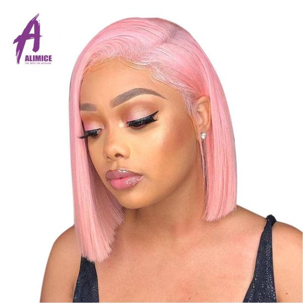 

pink bob wig straight hair bob lace front human hair wigs 150% density alimice brazilian 13*4 glueless human lace wigs, Black;brown