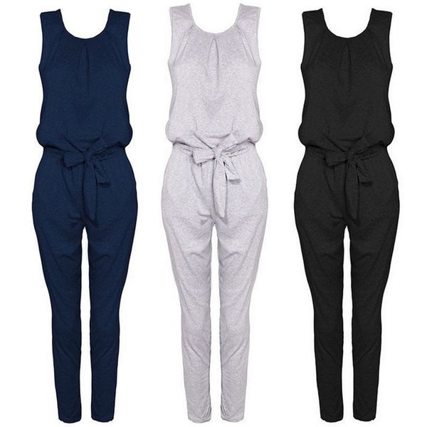 

new fashion popular comfortable soft womens sleeveless bandage jumpsuit trousers solid casual ladies trousers, Black;white