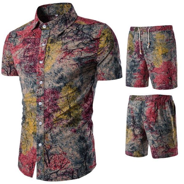 

2020 summer fashion floral print shirts men+shorts set men short sleeve shirts casual men clothing sets tracksuit plus size 5xl, Gray